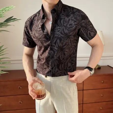 夏季轻奢高级感短袖衬衫男印花通勤休闲风衬衣时尚潮流百搭上衣潮商品大图