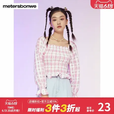 美特斯邦威衬衫女春休闲大领子学院方领格纹娃娃衫商品大图