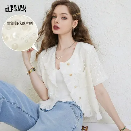 妖精的口袋拼接短外套女2023夏季新款圆领薄款修身bm风短款外套潮图片