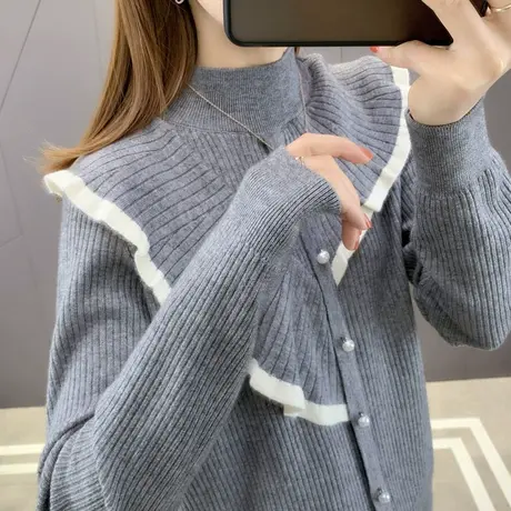 洋气拼色韩版个性不对称木耳边半高领珍珠扣显瘦打底针织衫上衣潮商品大图