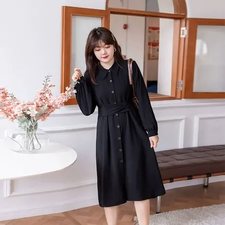 秋季新款大码胖妹妹绑带收腰气质衬衫裙显瘦黑色中长款雪纺连衣裙商品大图