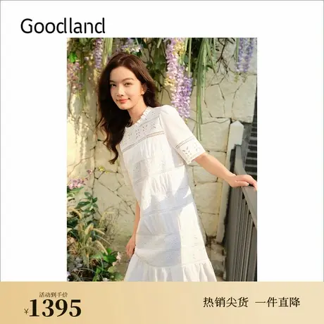 Goodland美地夏季艺术镂空蕾丝肌理荷叶花边白月光连衣裙图片