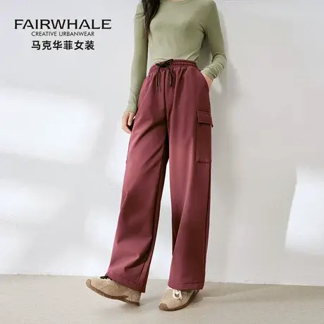 马克华菲抽绳工装裤女秋冬新款加绒直筒休闲阔腿裤高腰宽松束脚裤商品大图