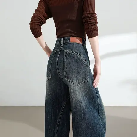 美式复古水洗阔腿牛仔裤女2025春秋高腰宽松垂感拖地老爹弯刀裤商品大图