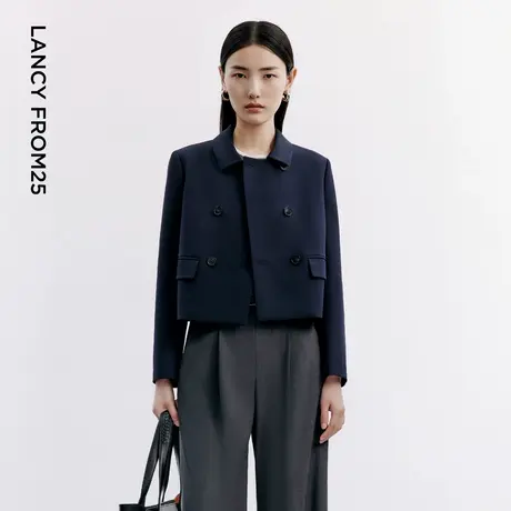 LANCY/朗姿2024秋季新款绵羊毛藏蓝色翻领短外套女双排扣正肩上衣商品大图