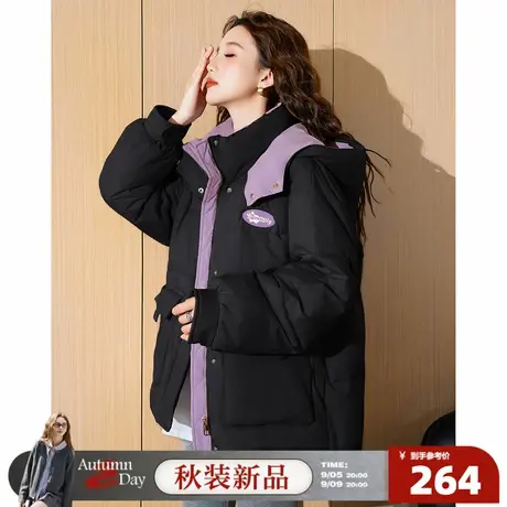 唐狮2025秋冬季短款棉衣连帽女设计撞色拼接立领黑色面包服保暖图片