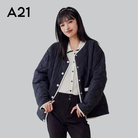 A21女装小香风薄短棉服春秋季宽松V领百搭排扣撞色简约外套通勤商品大图