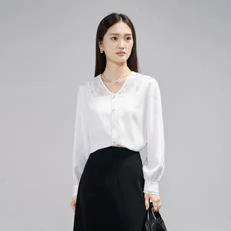 娅丽达女装法式白色衬衫女2025新款秋季长袖v领上衣气质通勤衬衣商品大图
