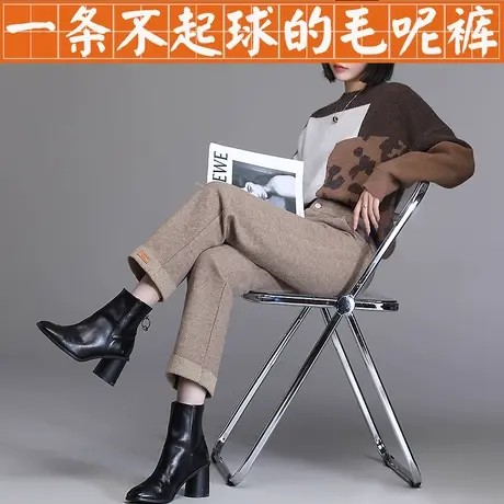 窄版阔腿裤女秋冬2023小个子九分毛呢裤杏色裤子冬季西装直筒裤图片