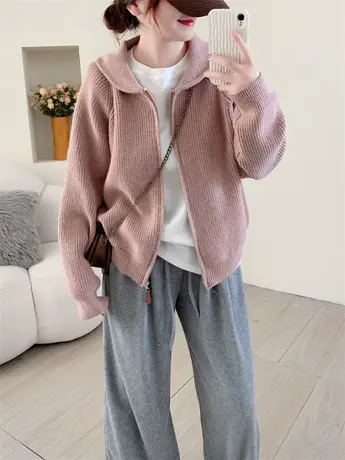 小清新翻领拉链毛衣开衫女2023年秋季新款韩版气质慵懒风针织外套商品大图