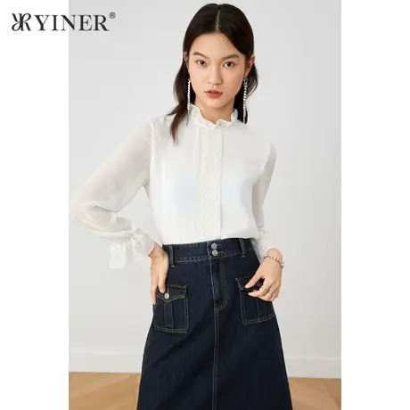 YINER音儿女装2021秋季新款荷叶领蕾丝长袖衬衫商品大图