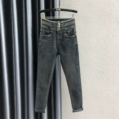 欧货个性贴布铅笔裤女23秋冬新款深蓝色三粒扣加绒紧身牛仔九分裤图片