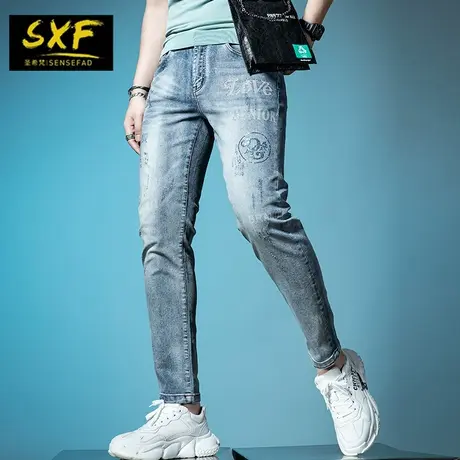 SXF圣希梵牛仔裤男夏季 2021新款烫钻复古水洗长裤子男士休闲裤潮图片