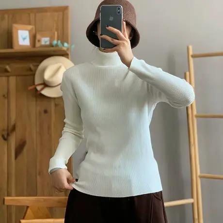 dza 复古纯色棉线高领针织衫女冬休闲内搭打底衫宽松上衣套头毛衣商品大图