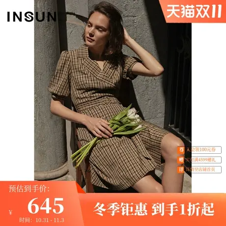 恩裳夏季时尚简约复古气质英伦姜黄格纹腰带西装领连衣裙图片