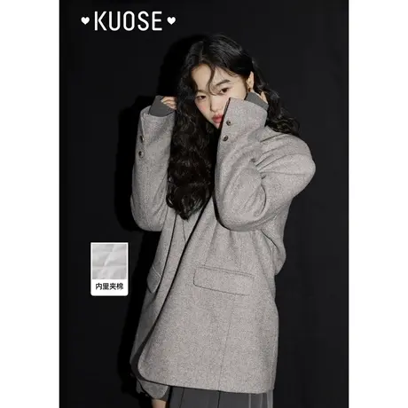 阔色灰色垫肩休闲西装外套夹棉女2023秋冬季新款宽松绣花上衣图片