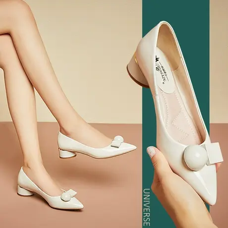 清仓秋季杏色浅口单鞋女粗跟尖头平底时尚百搭瓢鞋软底低跟鞋子女商品大图