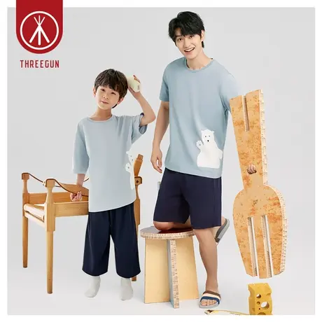 三枪家居服男棉质春夏新品吸汗亲子俏皮卡通印花圆领男士睡衣套装商品大图
