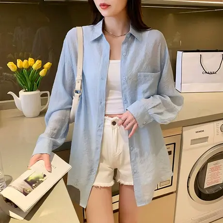 唐狮春秋季宽松肌理感长袖衬衫女装法式上衣外套小清新白气质设计图片