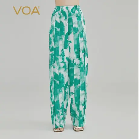 VOA真丝提花22姆米琥珀绿自然腰斜插口袋立体活页装饰休闲直筒裤商品大图