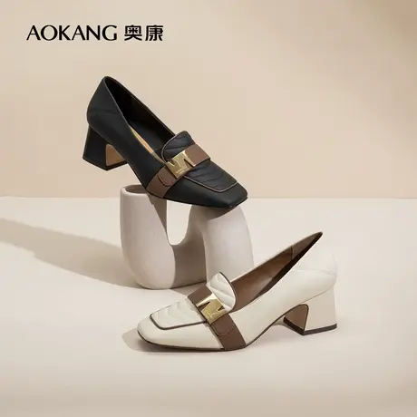 奥康女鞋秋季气质优雅舒适粗跟通勤乐福鞋方头百搭一脚蹬复古单鞋图片