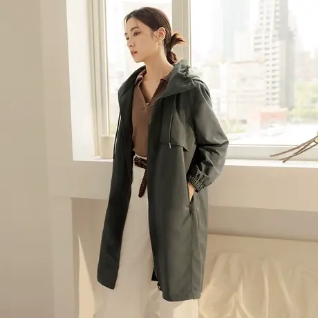 桔熊秋季宽松自留防泼水高领通勤连帽中长款风衣外套女大码EA2756图片