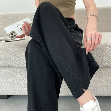 黑色天丝牛仔裤女夏季薄款显瘦直筒高腰冰丝抽绳松紧腰拖地阔腿裤图片