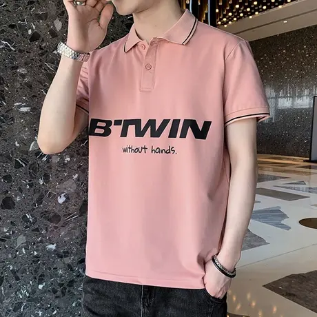 男士短袖t恤夏季2023新款潮牌宽松冰丝薄款POLO衫粉色体恤上衣服商品大图