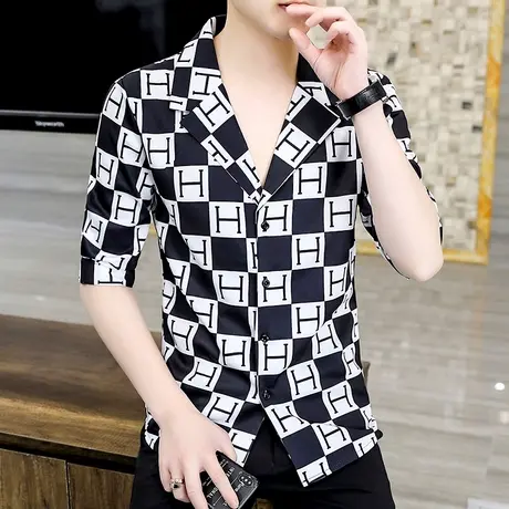 短袖衬衫男夏季潮牌时尚高级感古巴领男装七分袖痞帅个性格子衬衣图片