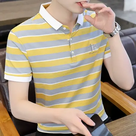 夏季短袖T恤男潮流潮牌ins修身条纹丅半袖体恤冰丝翻领男装POLO衫图片