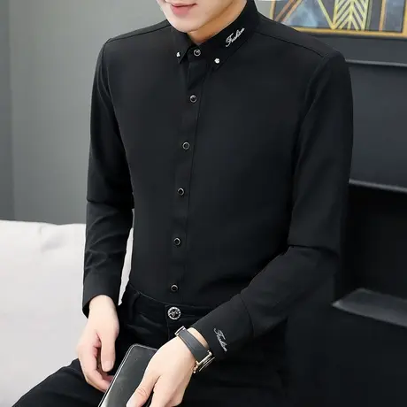 黑色衬衫男长袖韩版商务休闲免烫白衬衣男士弹性修身秋季寸衫加绒商品大图