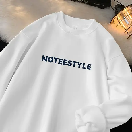 450g重磅白色卫衣男秋冬款圆领无帽长袖t恤宽松摇粒绒加厚打底衫商品大图