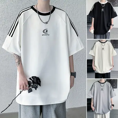 美式vintage短袖T恤男夏季休闲条纹半袖宽松潮流2024新款体恤打底商品大图