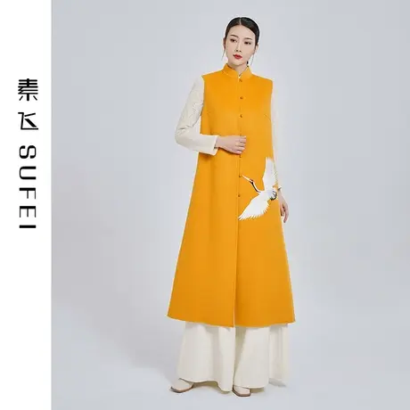 素飞刺绣大衣春季新款双面羊毛中国风女装改良版旗袍式马甲外套女图片