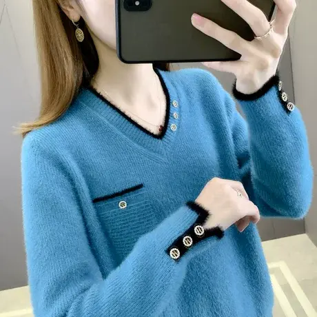 仿水貂绒毛衣女2024年新款上衣V领宽松洋气针织衫长袖打底衫图片