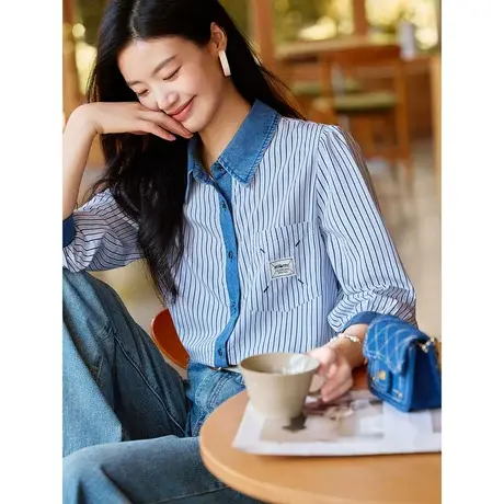 时尚气质衬衫2023年秋季新款女装翻领撞色百搭通勤长袖条纹上衣商品大图