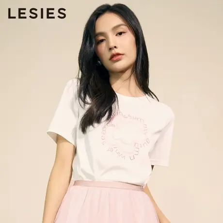 蓝色倾情春夏女装新款圆领印花半袖白色针织短袖T恤衫上衣商品大图