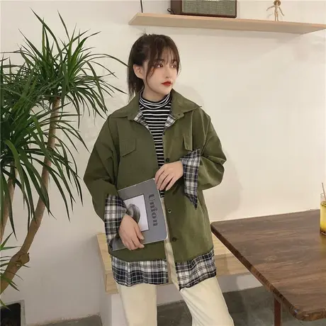 2021年新款春秋格子外套女宽松韩版复古港味棒球服两面穿夹克上衣图片