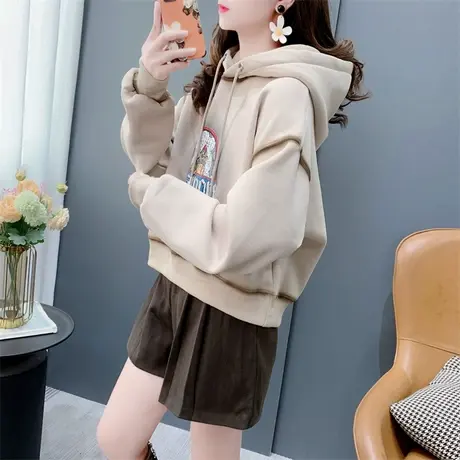 秋冬小个子短款加绒连帽卫衣女2023新款加厚宽松时尚百搭洋气上衣商品大图