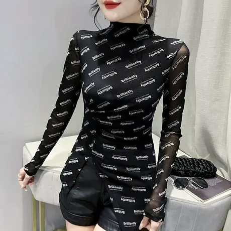 不规则开叉T恤女长袖半高领修身洋气上衣加厚加绒打底衫女秋冬潮商品大图