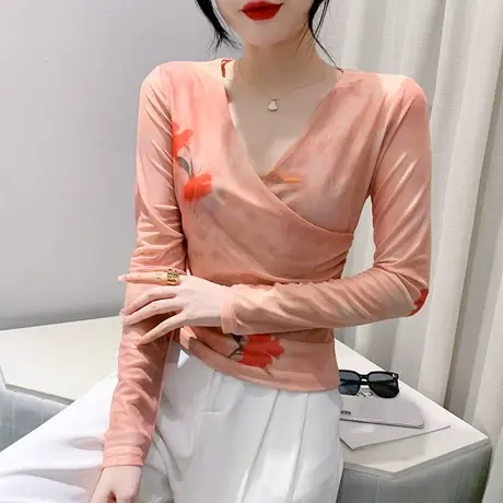 扎染印花网纱长袖T恤女2024夏季新款气质薄款防晒上衣V领空调衫潮商品大图