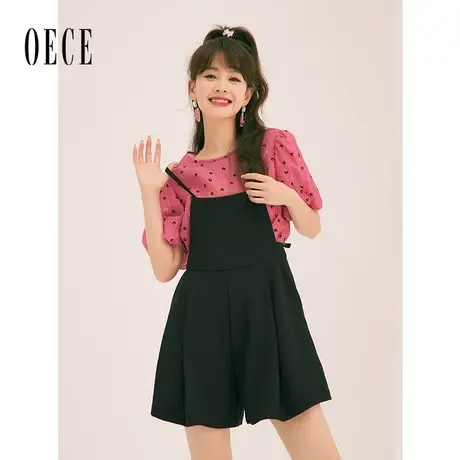 Oece休闲背带裤子女2024春夏新款女装复古气质高腰阔腿裤显瘦短裤图片