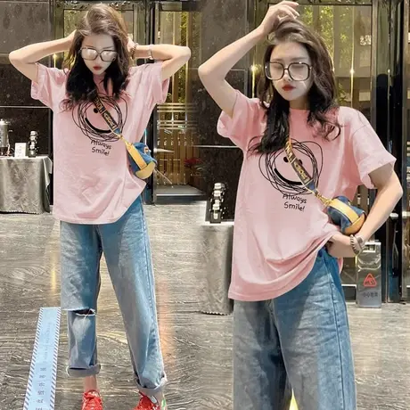 韩版2023新款夏季短袖T恤女大版创意印花图案纯棉正肩时尚上衣ins图片