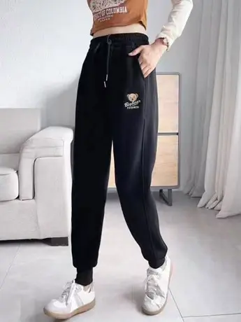 2023秋季新款韩版加绒加厚卫裤女小熊刺绣运动裤宽松哈伦裤萝卜裤商品大图