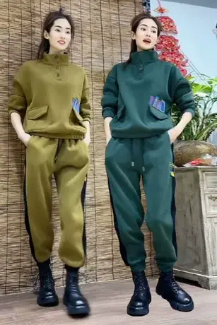 2023冬季新款加绒加厚两件套女休闲立领卫衣运动装女时尚套装潮流商品大图