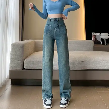 复古大口袋阔腿牛仔裤女2023春秋新款高腰宽松显瘦直筒垂感拖地裤商品大图