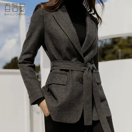 百洛安格纹西装外套女2024春装新款气质通勤翻领长袖西服系带上衣图片
