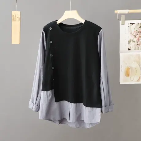 圆领拼色上衣女宽松韩版春秋长袖套头衬衫2024新款小衫洋气衬衣潮商品大图