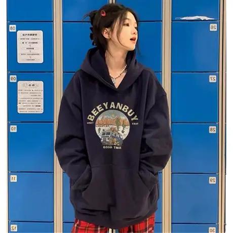 美式复古hiphop卫衣女2023春秋薄款oversize慵懒风连帽小个子外套商品大图