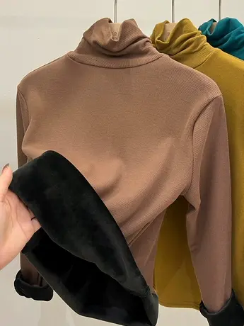 高领加绒加厚打底衫女秋冬内搭新款洋气一体绒保暖上衣长袖t恤女商品大图